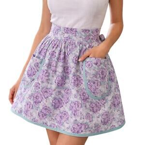 Vintage 1960s Home-Sewn Apron Purple Floral with Aqua Lining